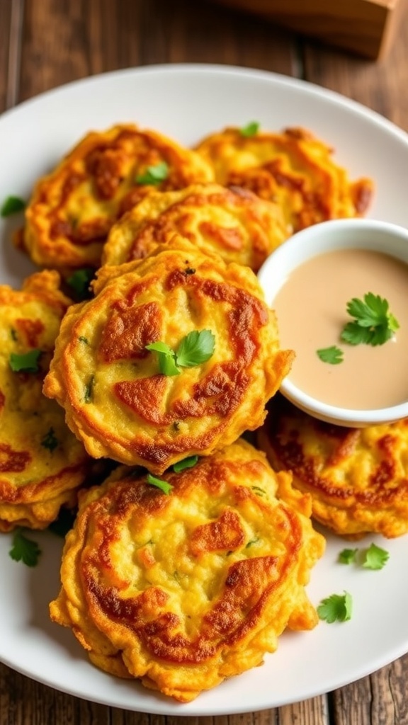 Crispy vegetable fritters on a plate, garnished with herbs, served with dipping sauce.